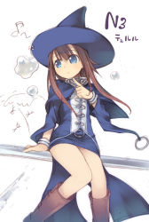 1girl blue_eyes boots bracelet brown_hair female_focus flat_chest hat jewelry kashiwamochi_yomogi long_hair microsoft miniskirt ninety-nine_nights no_panties pencil_skirt pointing sitting skirt smile solo stick_figure tyurru upskirt witch_hat