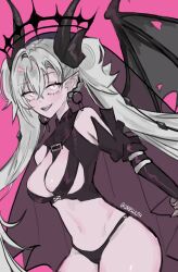 1girl baobhan_sith_(fate) baobhan_sith_(fate)_(cosplay) baobhan_sith_(second_ascension)_(fate) black_panties breasts cosplay detached_sleeves earrings fate/grand_order fate_(series) highres hoop_earrings horns jewelry lilith_(fate) long_hair looking_at_viewer navel panties pointy_ears revealing_clothes smile solo tamamocore twintails underwear white_hair