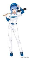 1girl :d amagai_tarou baseball_bat baseball_helmet baseball_uniform blue_eyes blue_footwear blue_hair blue_helmet blue_ribbon commentary_request compression_shirt contrapposto copyright_notice double-parted_bangs full_body hair_between_eyes hand_on_headwear helmet highres holding holding_baseball_bat hololive hoshimachi_suisei looking_at_viewer los_angeles_dodgers medium_hair official_alternate_costume official_art open_mouth pants ribbon side_ponytail sidelocks simple_background smile solo sportswear standing star_(symbol) star_in_eye symbol_in_eye tachi-e teeth upper_teeth_only virtual_youtuber white_background white_pants