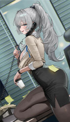 Rule 34 | 1girl, absurdres, black bra, black pantyhose, black skirt, blue eyes, blue nails, blush, bra, breasts, commentary, commission, corded phone, from side, grey hair, hair intakes, highres, holding, holding phone, indoors, lace, lace bra, large breasts, long hair, looking at viewer, looking to the side, office lady, original, pantyhose, pencil skirt, phone, pixiv commission, ponytail, rhtkd, sideboob, skirt, solo, talking on phone, underwear