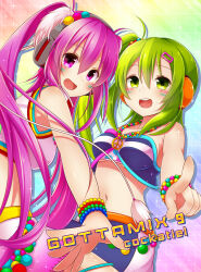 Rule 34 | :d, bead bracelet, bead necklace, beads, beatmania iidx, bemani, bracelet, commentary request, english text, green eyes, green hair, headphones, jewelry, kitami erika, long hair, looking at viewer, midriff, mizushiro celica, navel, necklace, official alternate costume, one side up, open mouth, peace symbol, pointing, purple eyes, purple hair, raver, sally (pacch0614), siblings, sisters, smile, strapless, tube top, twintails, very long hair