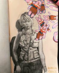 1girl amanda_kiefer art_tools_in_frame artist_name blood blood_on_face commentary english_commentary expressionless graphite_(medium) heather_mason marker_(medium) partially_colored photo_(medium) robbie_the_rabbit short_hair signature silent_hill_(series) silent_hill_3 solo traditional_media turtleneck vest wristband