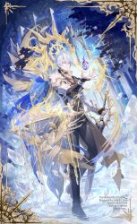1boy antenna_hair armor black_choker black_gloves black_pants black_shirt blue_eyes bluesky_username choker coat commentary coreflame_(honkai:_star_rail) english_commentary fingerless_gloves full_body fylus gloves halo halo_behind_head highres holding holding_sword holding_weapon honkai:_star_rail honkai_(series) hoyolab_username instagram_username male_focus pants parted_bangs pauldrons phainon_(honkai:_star_rail) pixiv_id ripples shirt short_hair shoulder_armor single_glove single_pauldron solo sword thigh_strap twitter_username walking walking_on_liquid weapon white_coat white_hair