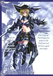 1girl alameria_crescentria armor armored_boots armored_skirt bikini_armor blonde_hair boots breastplate breasts character_name dhampir dhampir_(monster_girl_encyclopedia) english_text feathers female_focus full_body gauntlets half-human half-undead hat hat_feather highres jacket kenkou_cross large_breasts military mixed_species monster_girl monster_girl_encyclopedia monster_girl_encyclopedia_ii monster_girl_encyclopedia_world_guide_side_ii:_salvarision:_the_fallen_knights_of_lescatie multicolored_hair navel official_art open_clothes open_jacket pale_skin revealing_clothes skirt slit_pupils streaked_hair sword undead vampire warrior weapon zoom_layer