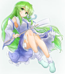 1girl aqua_shoes armpits blue_skirt collared_shirt detached_sleeves eyes_visible_through_hair female_focus frog_hair_ornament gohei green_eyes green_hair grey_background hair_ornament highres kochiya_sanae long_hair long_skirt looking_at_viewer sarashi shirt shoes skirt smile snake_hair_ornament socks solo tarumaru thighs touhou white_shirt