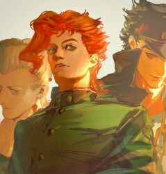 Rule 34 | 3boys, black hair, black hat, coat, earrings, flattop, gakuran, green coat, green eyes, grey hair, hat, heart, heart earrings, high collar, highres, jean pierre polnareff, jewelry, jojo no kimyou na bouken, kakyoin noriaki, kuujou joutarou, long bangs, male focus, multiple boys, peaked cap, red hair, school uniform, short hair, stardust crusaders, uu0000322