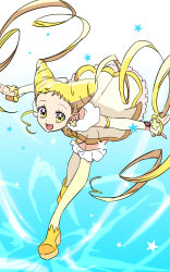1girl :d arms_behind_back blonde_hair blue_background boots buntatta butterfly_brooch butterfly_earrings cone_hair_bun cure_lemonade dress earrings frilled_boots frilled_dress frills hair_bun highres jewelry long_hair looking_at_viewer open_mouth pinky_catch precure smile solo sparkle star_(symbol) thighhighs yellow_boots yellow_eyes yes!_precure_5