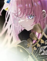 1girl absurdres black_shirt blue_eyes bocchi_the_rock! cube_hair_ornament electric_guitar gotoh_hitori guitar hair_ornament highres instrument long_hair one_side_up open_mouth oyaji_hime pink_hair shirt short_sleeves solo upper_body