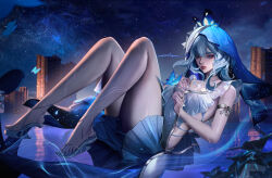 Rule 34 | 1girl, absurdres, armlet, bare legs, black flower, blake bloom (wuthering waves), blue butterfly, blue hair, blue nails, blue sky, blue veil, breasts, bug, butterfly, closed mouth, colored eyelashes, commentary, dress, feet, flower, from side, hair between eyes, highres, insect, jewelry, large breasts, legs, long hair, looking at animal, nail polish, nervi fd, night, night sky, purple eyes, shorekeeper (wuthering waves), sky, sleeveless, sleeveless dress, solo, toenail polish, toenails, toes, two-tone veil, veil, white dress, white veil, wuthering waves