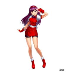 1girl asamiya_athena bike_shorts breasts dress earrings female_focus gloves hairband jewelry large_breasts long_hair looking_at_viewer pale_skin pants purple_eyes purple_hair shoes skirt smile smiley_face socks standing star_(symbol) the_king_of_fighters