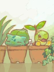 bulbasaur closed_mouth commentary creatures_(company) d&amp;p flower_pot game_freak gen_1_pokemon gen_4_pokemon gradient_background hands_up happy head_rest in_pot leaf looking_up nintendo no_humans oekaki open_mouth pokemon pokemon_(creature) pokemon_focus reflective_floor side-by-side sleeping sleeping_upright tegaki turtwig white_background