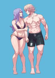 1boy 1girl absurdres barefoot bikini blue_background breasts camilla_(fire_emblem) cirenk collarbone commentary corrin_(fire_emblem) corrin_(male)_(fire_emblem) couple english_commentary fire_emblem fire_emblem_fates full_body green_male_swimwear green_swim_trunks hair_over_one_eye hetero highres holding_another&#039;s_arm large_breasts legs long_hair looking_at_another looking_to_the_side male_swimwear muscular muscular_male navel nintendo pectorals pointy_ears purple_bikini purple_eyes purple_hair red_eyes second-party_source short_hair simple_background stomach swim_trunks swimsuit thighs toes topless_male very_long_hair wavy_hair