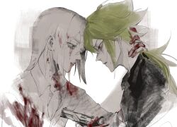 Rule 34 | 2boys, absurdres, aotu world, black shirt, blood, blood on clothes, blood on face, blood on hands, collared shirt, crying, crying with eyes open, eye contact, from side, green eyes, green hair, gun, hair between eyes, handgun, highres, holding, holding gun, holding weapon, limited palette, long hair, long sleeves, looking at another, looking down, low ponytail, macchiato bi guanzhong, male focus, multiple boys, parted lips, ponytail, red eyes, revolver, shirt, simple background, tears, upper body, weapon, white background, white hair, white shirt, xander (aotu world), yaoi, zain (aotu world)