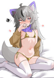 1girl absurdres animal_ear_fluff animal_ears bikini black_hair blush breasts brown_jacket covering_own_mouth gold_bikini grey_hair heart highres jacket long_hair long_sleeves looking_at_viewer multicolored_hair navel nose_blush original purple_eyes sari_(zakura27502762) side-tie_bikini_bottom simple_background small_breasts solo spoken_squiggle squiggle streaked_hair swimsuit tail thighhighs white_background white_thighhighs wolf_ears wolf_girl wolf_tail