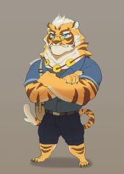 1boy animal_ears bag barefoot black_pants blue_shirt cat_nose claws closed_mouth crossed_arms dyeong furry furry_male highres jewelry lin_hu_(nekojishi) looking_to_the_side male_focus muscular muscular_male necklace nekojishi orange_fur pants round_eyewear shirt shoulder_bag smile tail tiger_boy tiger_ears tiger_stripes tiger_tail