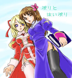 Rule 34 | 2girls, black thighhighs, blonde hair, blue background, book, bow, breasts, brown hair, commentary request, cowboy shot, dress, garter straps, hair bow, hair ribbon, haruhana1104, high priest (ragnarok online), holding, holding book, juliet sleeves, long hair, long sleeves, looking at viewer, lowres, medium breasts, multiple girls, open mouth, pink bow, priest (ragnarok online), puffy sleeves, purple dress, ragnarok online, red dress, red ribbon, ribbon, sash, side slit, thighhighs, translation request, two-tone dress, white dress, white sash, white thighhighs