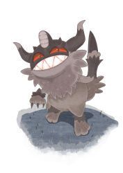 absurdres animal_focus black_eyes claws colored_sclera creature floor full_body gen_8_pokemon grin highres horns looking_at_viewer nintendo no_humans open_mouth perrserker pokemon pokemon_(creature) red_sclera smile standing user_gxat7388 white_background