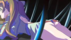 Rule 34 | 1girl, amy (bakuretsu tenshi), anime screenshot, ass, bakuretsu tenshi, brown eyes, brown hair, computer keyboard, dress, from behind, from side, highres, indoors, long sleeves, lying, miniskirt, monitor, on stomach, panties, shoulder blades, sidelocks, skirt, thighs, twintails, underwear