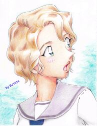 1girl artist_name bj1034_(tosashi) blonde_hair blue_background blue_eyes blue_neckerchief blush colored_pencil_(medium) facing_back gradient_background grey_sailor_collar highres looking_back meitantei_conan neckerchief oooka_momiji open_mouth portrait sailor_collar school_uniform serafuku shirt short_hair solo traditional_media wavy_hair white_shirt