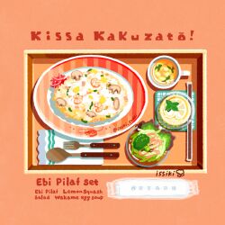 Rule 34 | broccoli, commentary request, cup, drink, food, food focus, food name, fork, fruit, issiki toaki, lemon, lemon slice, lemon squash, mushroom, napkin, no humans, original, plate, salad, shrimp, soup, spoon, tray