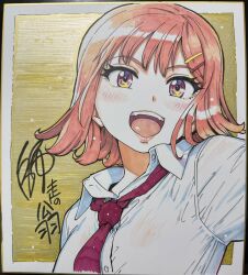 1girl blush blushing_female character_request colorized gold_background hair_ornament hairclip looking_at_viewer medium_hair multicolored_eyes necktie open_mouth orange_hair red_necktie shikishi shirt shiwasu_no_okina sign signature smile solo summer_uniform tagme teeth traditional_media white_shirt yellow_background