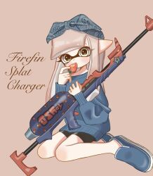 Rule 34 | 1girl, bike shorts, blue bow, blue hairband, blue shoes, blue sweater, bow, bow hairband, commentary, dot nose, eyelashes, food, fruit, full body, hairband, highres, holding, holding food, holding fruit, holding weapon, inkling, inkling girl, inkling player character, long hair, looking at viewer, nintendo, orange background, osakanagumi11, pink hair, pointy ears, shoes, simple background, sitting, solo, splat charger (splatoon), splatoon (series), splatoon 3, strawberry, sweater, symbol-only commentary, tentacle hair, wariza, weapon, weapon name