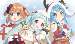 Rule 34 | 3girls, blue hair, green eyes, long hair, looking at viewer, mahiru (princess connect!), merry christmas, miyako (princess connect!), multiple girls, open mouth, princess connect!, purple eyes, red eyes, rino (princess connect!), teaaaaa511, twintails