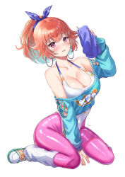 1girl blue_shirt blush breasts cleavage earrings full_body hair_ribbon high_ponytail highleg highleg_leotard holding holding_towel hololive hololive_english hoop_earrings jewelry large_breasts leggings leotard long_sleeves official_alternate_costume official_alternate_hairstyle orange_hair parted_lips pink_leggings ponytail ribbed_socks ribbon sebu_illust shirt simple_background sitting socks solo sweat takanashi_kiara takanashi_kiara_(fever_night) towel virtual_youtuber wariza white_background