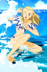 blonde_hair blue_eyes bromide cloud facial_mark highres in_water jessica_de_alkirk lunar lunar:_the_silver_star ocean official_art one_eye_closed pointy_ears sky smile splashing swimsuit