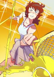 1girl absurdres ace_wo_nerae! ball blookswashinda blue_eyes breasts brown_hair collarbone dutch_angle feet_out_of_frame fence grey_skirt half-closed_eye highres holding holding_racket looking_at_object medium_breasts medium_hair oka_hiromi orange_sky outdoors playing_sports racket skirt sky solo sparkle sportswear standing sweat tank_top teeth tennis tennis_ball tennis_court tennis_racket tennis_uniform white_tank_top wristband
