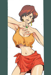 1girl absurdres breasts brown_hair cleavage crop_top earrings hashi84e highres jewelry large_breasts lupin_iii midriff mine_fujiko navel orange_sarong parted_lips pillarboxed ring sarong shirt short_hair solo underboob yellow_shirt