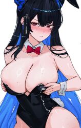 1girl absurdres alternate_costume animal_ears bare_shoulders black_hair black_leotard blue_hair blush bow bowtie breasts commentary demon_horns detached_collar english_commentary hair_ornament highres hololive hololive_english horns large_breasts leotard looking_at_viewer meeko_illus multicolored_hair nerissa_ravencroft playboy_bunny rabbit_ears rabbit_tail red_bow red_bowtie red_eyes simple_background solo sweat tail tassel tassel_hair_ornament two-tone_hair v-shaped_eyebrows virtual_youtuber white_background
