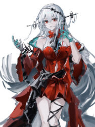 1girl absurdres aqua_gloves arknights chinese_commentary commentary_request cowboy_shot crossed_bangs dress gloves grey_hair hair_between_eyes hair_ornament highres infection_monitor_(arknights) long_hair looking_at_viewer parted_lips red_dress red_eyes simple_background skadi_(arknights) skadi_the_corrupting_heart_(arknights) sketch solo standing very_long_hair white_background wide_sleeves zhishi_mao_tiao
