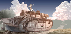 1girl absurdres blue_sky boots brown_pants caterpillar_tracks char_2c chinese_commentary cloud commentary_request dated evil_eye_sigma highres military_vehicle motor_vehicle outdoors pants pzgr.40 rika_(touhou) shirt signature sky solo tank torii touhou touhou_(pc-98) tree white_shirt wide_shot