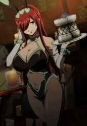 1girl alcohol animal_ears anime_screenshot bar_(place) bare_shoulders beer breasts brown_eyes cleavage curvy drink elbow_gloves erza_scarlet erza_scarlet_(bar_altair_waitress)_(fairy_tail) fairy_tail fairy_tail:_dragon_cry gloves highres indoors large_breasts leotard long_hair multiple_boys navel people rabbit_ears red_hair sitting smile stomach thick_thighs thighs tray waitress