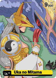 Rule 34 | armor, digimon, digimon card game, fox mask, long hair, mask, pixiv user (36306715), sakuyamon, sakuyamon x-antibody, serious, talisman, token (tcg), yin yang