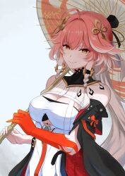 1girl ahoge bare_shoulders black_collar black_jacket black_sleeves board_coark body_markings braid breasts bright_pupils changli_(wuthering_waves) cleavage closed_mouth collar colored_extremities commentary detached_sleeves hair_extensions hair_ornament highres holding holding_umbrella jacket large_breasts long_hair looking_at_viewer multicolored_hair oil-paper_umbrella orange_eyes pink_hair red_hands ring_hair_extensions short_sleeves smile solo tacet_mark_(wuthering_waves) twin_braids two-tone_hair umbrella upper_body white_hair white_pupils wuthering_waves
