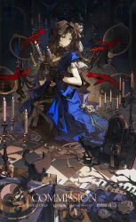 Rule 34 | 1girl, absurdres, black cat, black gloves, blue dress, brown hair, candlestand, cat, closed mouth, commission, dress, english text, full body, gloves, grabbing another&#039;s hair, green eyes, highres, holding candlestand, long hair, mirror, original, out of frame, parted lips, solo focus, teeth, watermark, yan zi yao yu