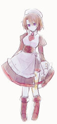 Rule 34 | 1girl, apron, ascot, bakara (19083210), black skirt, boots, breasts, brooch, brown corset, brown hair, chromatic aberration, closed mouth, colored skin, corset, film grain, frilled apron, frills, full body, hair between eyes, hat, highres, jewelry, knee boots, large breasts, leg tattoo, maid, red ascot, red boots, red ribbon, red trim, ribbon, shannon (umineko), shirt, short hair, simple background, sketch, skirt, solo, tattoo, umineko no naku koro ni, waist apron, white apron, white background, white hat, white shirt, white skin