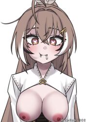 Rule 34 | 1girl, black streaks, breasts, breasts out, brown eyes, brown hair, cum, cum in mouth, heart, heart-shaped pupils, high ponytail, highres, hololive, hololive english, long hair, looking at viewer, medium breasts, multicolored hair, nanashi mumei, nanashi mumei (1st costume), nipples, ponytail, shirt, solo, symbol-shaped pupils, virtual youtuber, white shirt, white streaks, zenox5300