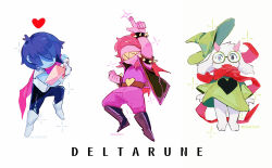 Rule 34 | 1boy, 1girl, 1other, aiming, aiming at viewer, arm up, armlet, armor, armored boots, armored gloves, arms at sides, barefoot, belt, black boots, black jacket, blue hair, blue pants, blue skin, boots, bracelet, brown belt, cape, chibi, chibi only, chinese commentary, clenched hand, closed mouth, colored skin, colored teeth, commentary request, copyright name, covered eyes, deltarune, fangs, floating hat, glasses, gloves, goat boy, green-framed eyewear, green eyes, green hat, green robe, grin, hair over eyes, halftone, hat, heart belt, highres, hightguy, holding, holding sword, holding weapon, horns, jacket, jewelry, knee boots, kris (dark world) (deltarune), kris (deltarune), long hair, long sleeves, open mouth, pants, pink cape, pink hair, pink horns, pink pants, pink shirt, pink skin, pointing, pointing up, puffy pants, ralsei, red scarf, reptile girl, robe, round eyewear, scarf, sharp teeth, shirt, short hair, shoulder armor, simple background, skin fangs, sleeveless, sleeveless jacket, sleeveless shirt, smile, sparkle, spiked armlet, spiked bracelet, spikes, standing, standing on one leg, susie (dark world) (deltarune), susie (deltarune), sword, teeth, two-handed sword, weapon, white background, white boots, white fur, white gloves, wizard hat, yellow teeth