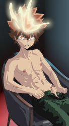 Rule 34 | 1boy, abs, brown hair, chair, highres, katekyo hitman reborn!, male focus, nipples, penis, sawada tsunayoshi, sexyanimes, sitting, yaoi