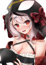 Rule 34 | 1girl, armpit crease, bare shoulders, belt, black belt, black hair, blush, bow, breasts, c.u.wa, camisole, cleavage, clothes writing, commentary, criss-cross halter, detached hood, english text, eyelashes, eyes visible through hair, grey hair, hair between eyes, hair ornament, halterneck, highres, holding, hololive, hood, hood up, large breasts, looking at viewer, medium hair, multicolored hair, nail polish, nose blush, open mouth, plaid bow, red bow, red eyes, red nails, sakamata chloe, simple background, smile, solo, spaghetti strap, streaked hair, tareme, upper body, upturned eyes, virtual youtuber, white background, white camisole, x hair ornament