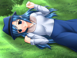 1girl :o blue_eyes blue_hair blue_skirt blush breasts collarbone covered_erect_nipples fedora female_focus field from_above game_cg grass hands_up hat kafu_(logaemon) long_hair long_skirt long_sleeves lorna mabinogi matching_hair/eyes open_mouth plant shirt skirt small_breasts solo white_shirt