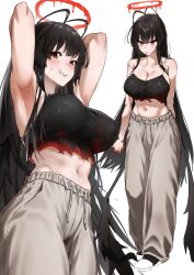 1girl absurdres antenna_hair armpits arms_behind_head arms_up bam.g black_camisole black_hair black_wings blue_archive breasts brown_pants camisole cleavage collarbone halo highres large_breasts liquid_halo long_hair looking_at_viewer melting_halo midriff multiple_views navel pants red_eyes red_halo smile spaghetti_strap torn_camisole torn_clothes tsurugi_(blue_archive) very_long_hair wings