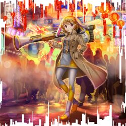 1girl alternate_costume animal_ears belt blonde_hair boots breasts brown_coat closed_mouth coat crescent dress floppy_ears full_body game_cg gold_trim grey_boots grey_dress hand_in_pocket helmet highres holding holding_weapon lantern long_sleeves looking_at_viewer multicolored_boots multicolored_dress official_art open_clothes open_coat paper_lantern people rabbit_ears rabbit_girl red_eyes ringo_(touhou) ringo_(veteran_detective_of_the_capital)_(touhou) rocket_launcher rotte_(1109) short_hair solo space_helmet third-party_source touhou touhou_lostword transparent_background weapon wet wet_clothes wet_dress yellow_boots yellow_dress