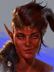 1girl absurdres baldur&#039;s_gate baldur&#039;s_gate_3 bare_shoulders black_hair braid broken_horn close-up colored_skin commentary curled_horns dungeons_&amp;_dragons english_commentary eyebrow_cut facial_scar from_side highres horns justsomenoob karlach multicolored_hair pointy_ears portrait realistic red_eyes red_hair red_skin scar scar_on_cheek scar_on_face signature smirk solo streaked_hair tiefling two-tone_hair
