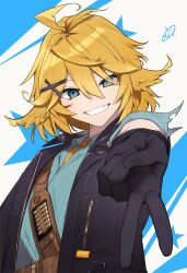 1girl antenna_hair bandolier belt black_gloves black_jacket blonde_hair blue_eyes blue_shirt commission dokibird_(vtuber) dokibird_(vtuber)_(bounty_hunter) eyes_visible_through_hair fang feather_hair foreshortening gloves gyaru_v hair_between_eyes hair_flaps hair_ornament hair_over_one_eye hairclip highres indie_virtual_youtuber jacket looking_at_viewer neckerchief ninomae_suzume_(artist) pinstripe_pattern pinstripe_shirt second-party_source shirt short-sleeved_jacket short_hair short_sleeves skeb_commission sleeves_rolled_up slit_pupils solo upper_body v virtual_youtuber x_hair_ornament yellow_neckerchief