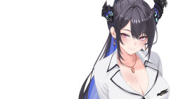 1girl arms_behind_back asymmetrical_horns black_hair black_pantyhose black_skirt blue_hair breasts cleavage closed_mouth collared_shirt colored_inner_hair commentary demon_horns dress_shirt earrings english_commentary flower gold_earrings gold_necklace high-waist_skirt highres hololive hololive_english horn_flower horns jewelry large_breasts long_hair looking_at_viewer mole mole_under_eye multicolored_hair necklace nerissa_ravencroft nerissa_ravencroft_(casual) office_lady official_alternate_costume official_alternate_hairstyle pantyhose parted_bangs pencil_skirt ponytail red_eyes rijeka1918 shirt shirt_tucked_in side_slit sidelocks simple_background skirt slit_pupils smile solo uneven_horns upper_body virtual_youtuber white_background white_shirt