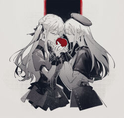2girls apple bang_dream! bang_dream!_it&#039;s_mygo!!!!! beret capelet closed_eyes corset cowboy_shot cropped_legs die_(die0118) earrings facing_another food from_side fruit halftone hat highres holding holding_food holding_fruit jewelry long_hair monochrome mortis_(bang_dream!) mortis_(costume)_(bang_dream!) multiple_girls oblivionis_(bang_dream!) parted_lips shirt skirt spot_color togawa_sakiko wakaba_mutsumi white_background wrist_cuffs